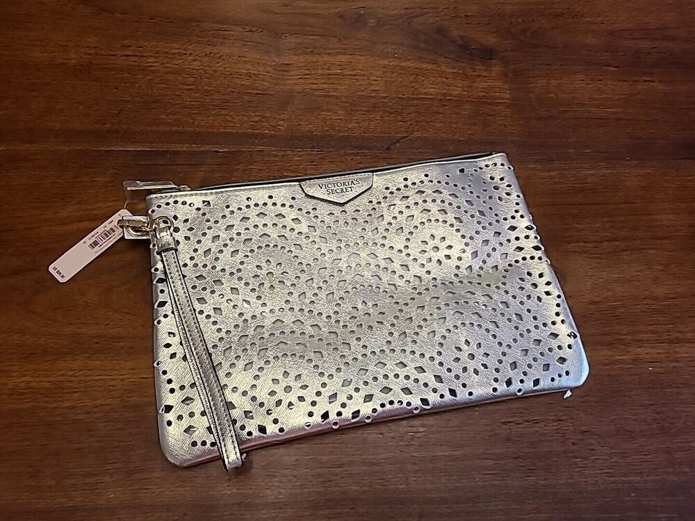 Victorias Secret Lg Rose Gold Laser Cut Pouch Wristlet Clutch Purse Bag NWT